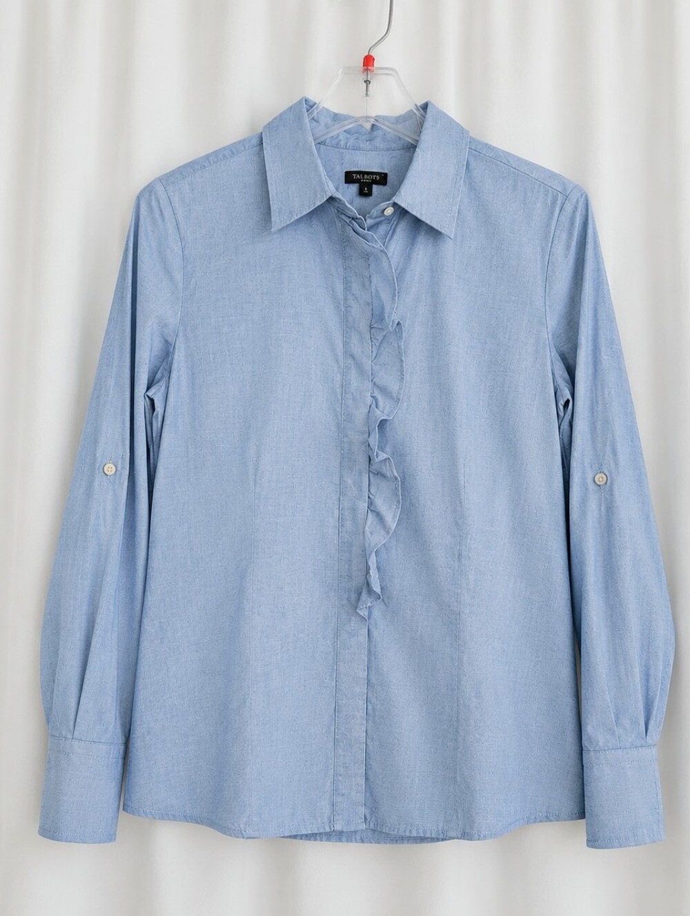Talbots Classic Soft Blue Chambray Ruffle Front Roll Tab Sleeve Preppy Blouse